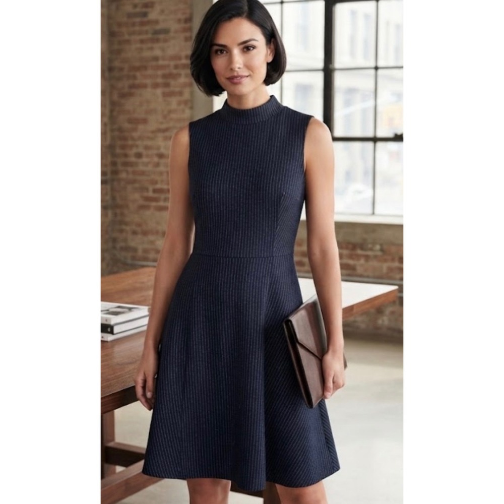 Ann Taylor LOFT Navy Pinstripe Mock‎ Neck Drop Waist Flounce Hem Dress Womens M